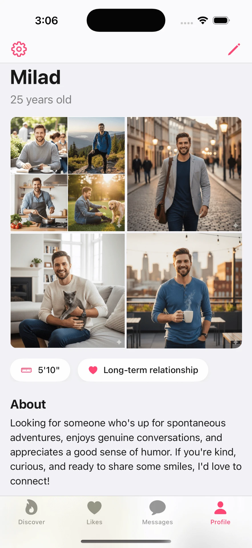 Delband app showing a member profile with photos and bio